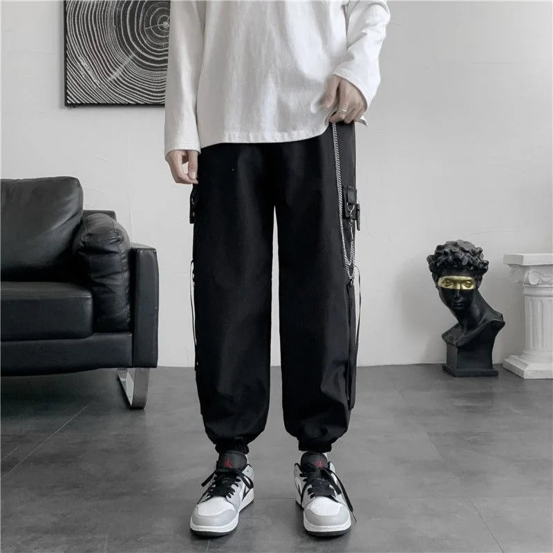 Goth Women's Cargo Pants, Joggers in Black, Techwear with Chain