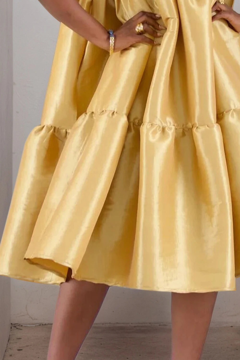 Plus-Size Women's Gold Satin Turn-Down Collar Casual Elegant Dress