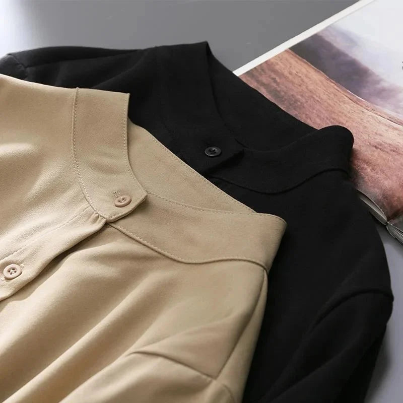 Vireous Lantern-Sleeve Stand Collar Businesswear Blouse, Spring and Autumn Style