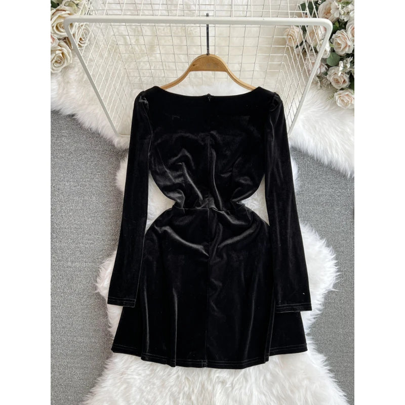 Vireous French-Style Vintage Black Velvet Dress