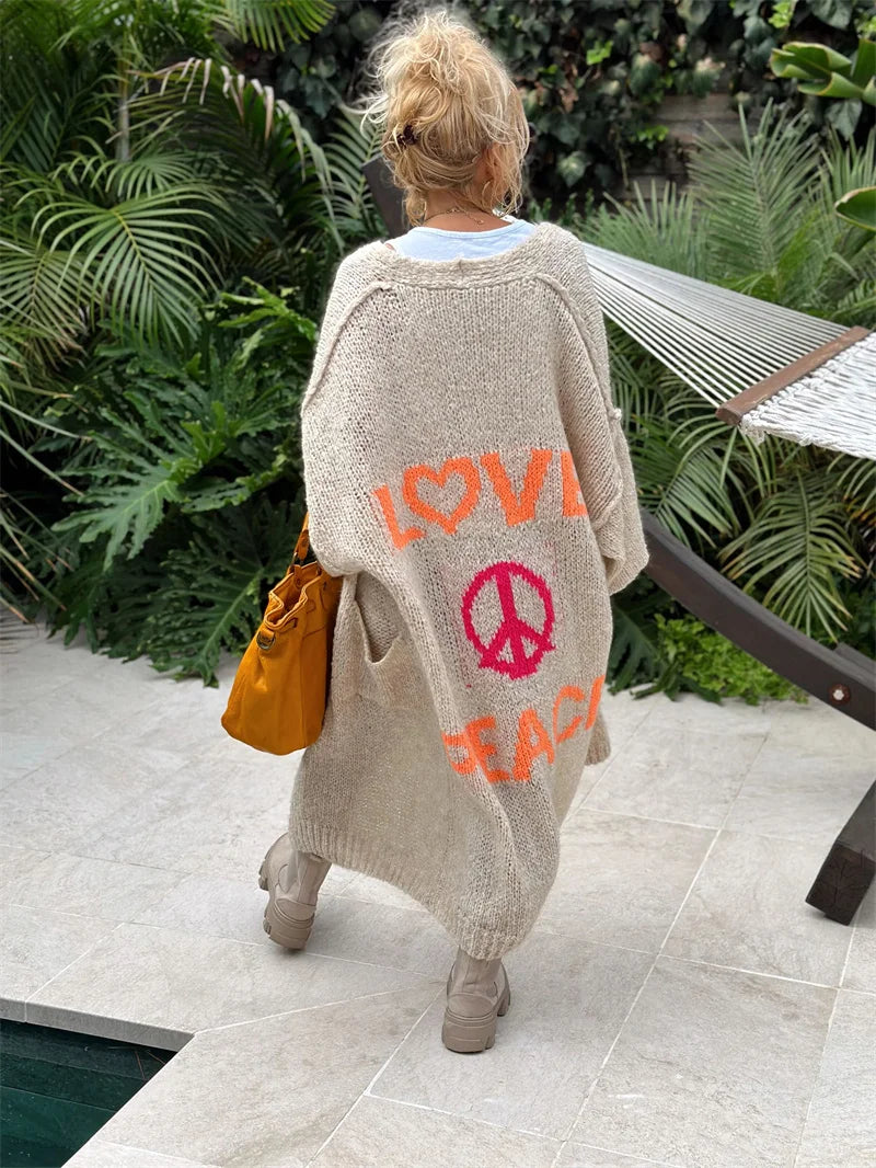 'Love and Peace' Design Women's Long Knitted Cardigan, Sweater Coat