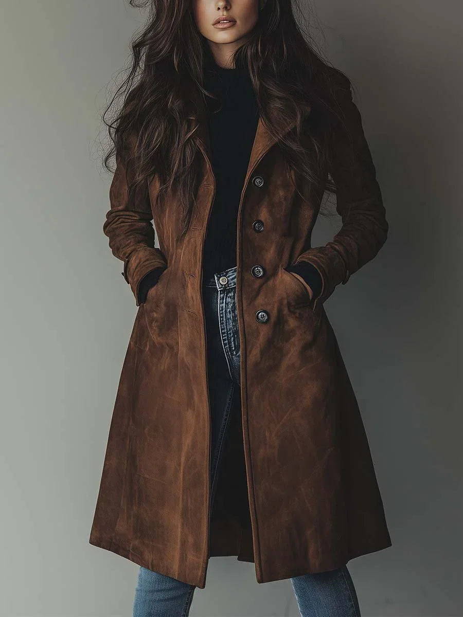 Vireous Women's Classic Brown Suede Long Trench Coat