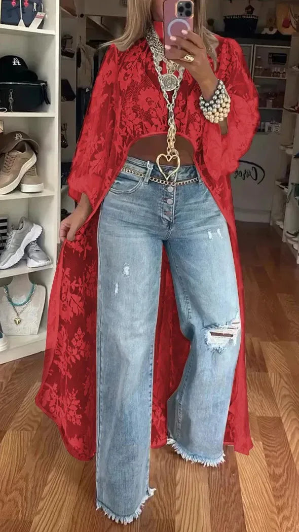 Vireous Lace Floral Extra-Long Shirt Top, High Neck Overwear