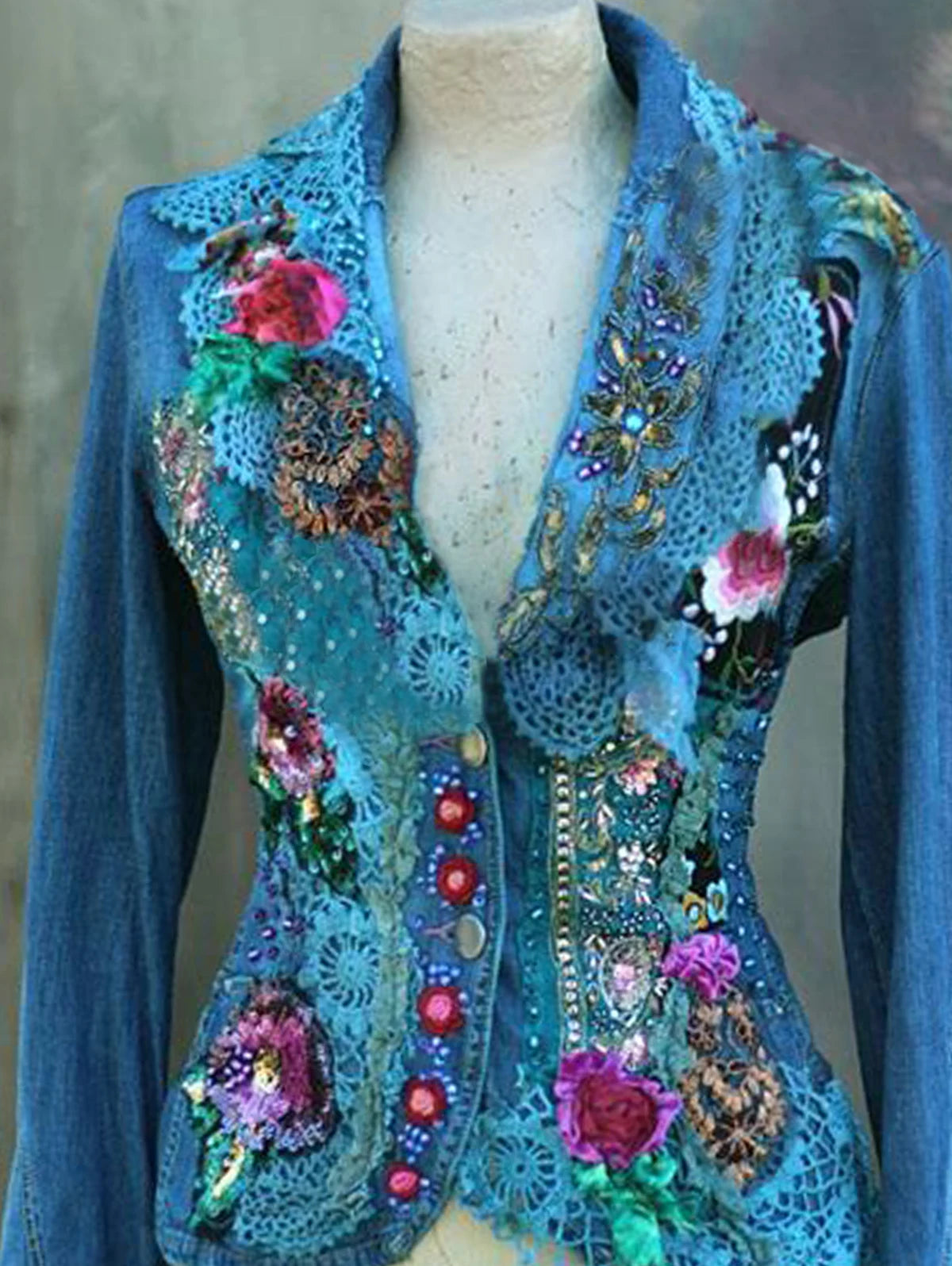 Women's Glam Patchwork Blue Guipure Lace Decor Blazer
