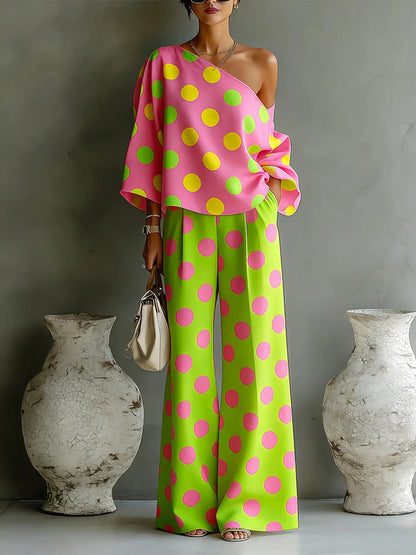 Colour-Wave Point Set, Women's Slant Shoulder Two-Piece Summer Suit