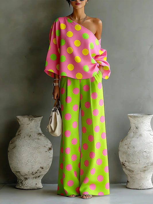 Colour-Wave Point Set, Women's Slant Shoulder Two-Piece Summer Suit