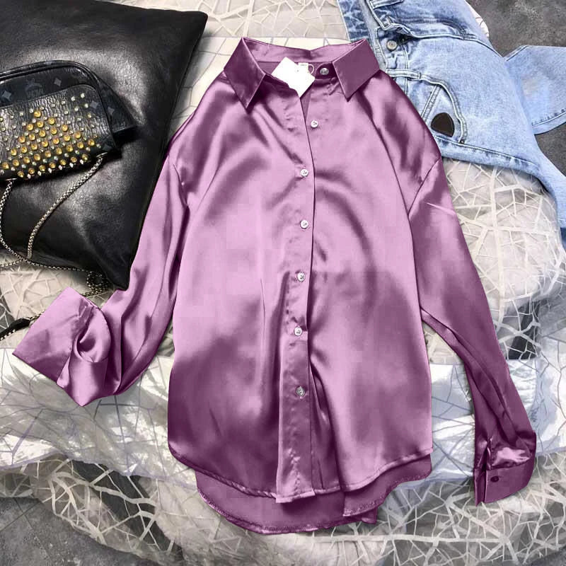 Vireous Women's Classic Silky Satin Shirt, Multicolours