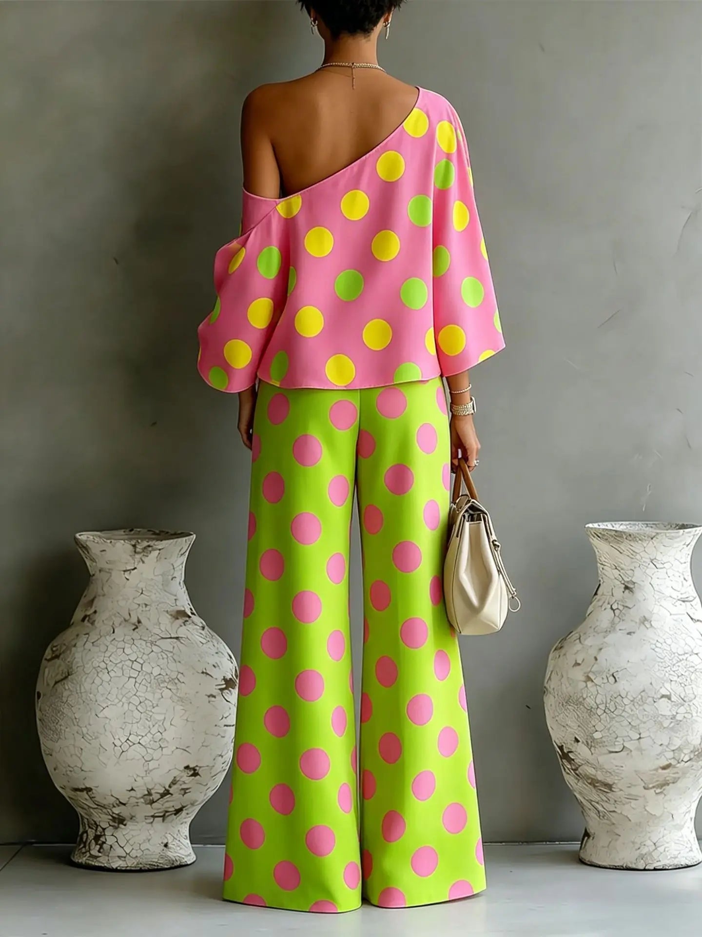 Colour-Wave Point Set, Women's Slant Shoulder Two-Piece Summer Suit