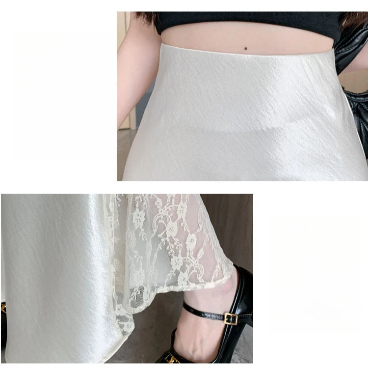 Vireous Satin Women's Long Skirt, Side Lace Patchwork