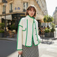 Vireous High-Neck Fashion Woollen Short Coat, Ivory with Green Trim