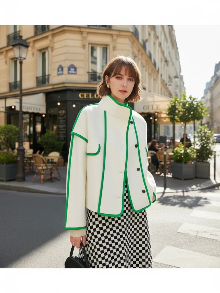 Vireous High-Neck Fashion Woollen Short Coat, Ivory with Green Trim