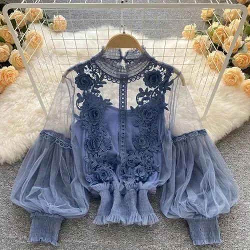 Lace See-Through Puff-Sleeve Vintage Fashion Blouse