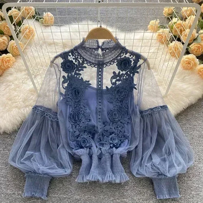 Lace See-Through Puff-Sleeve Vintage Fashion Blouse