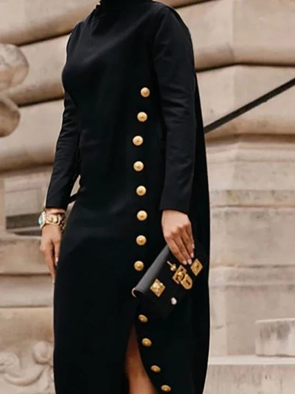 Vireous Women's Buttoned Split-Side High Neck Evening Black Dress