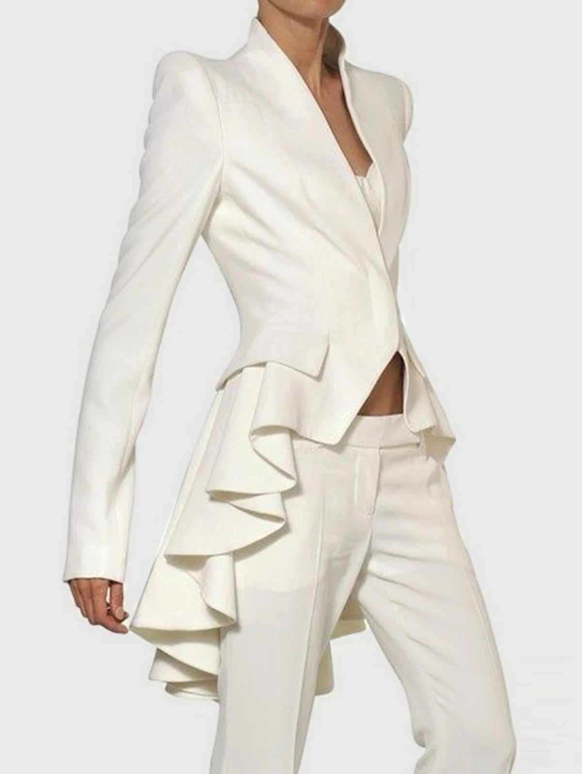 Women's Avant Garde Long Ruffle Tail White Blazer, Catwalk Collection