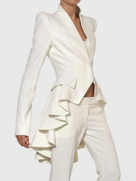 Women's Avant Garde Long Ruffle Tail White Blazer, Catwalk Collection