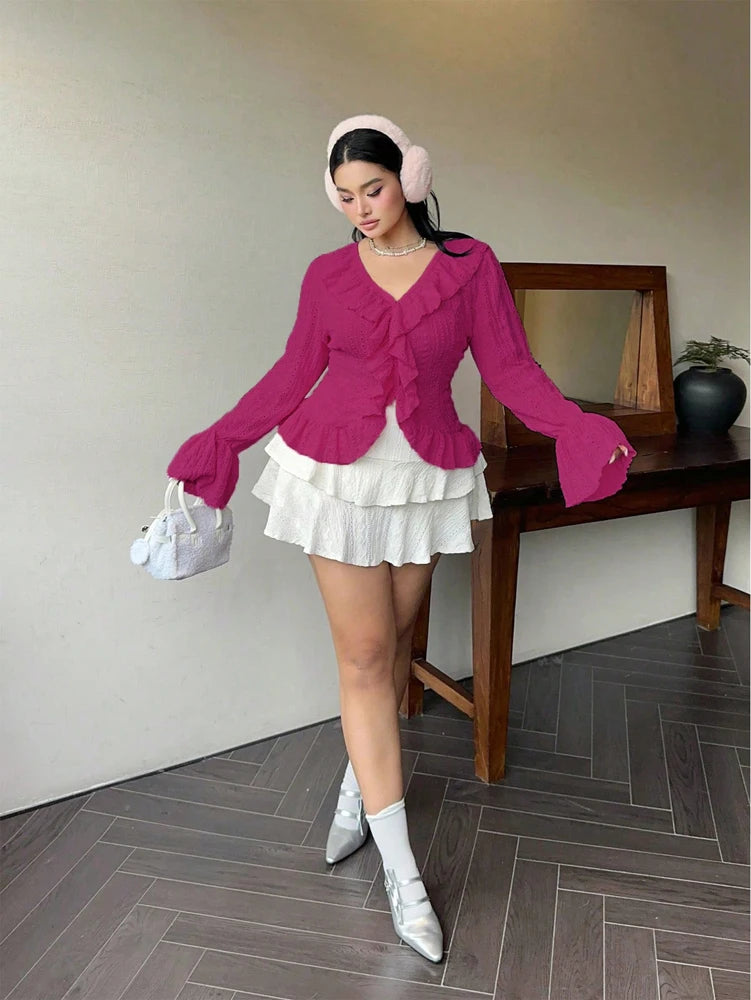 Vireous Elegant French Ruffle Flared-Sleeve Blouse, Plus Sizes