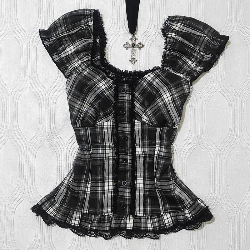 Dark Cross Classic Punk Emo Plaid Vintage Smock Top with Matching Skirt