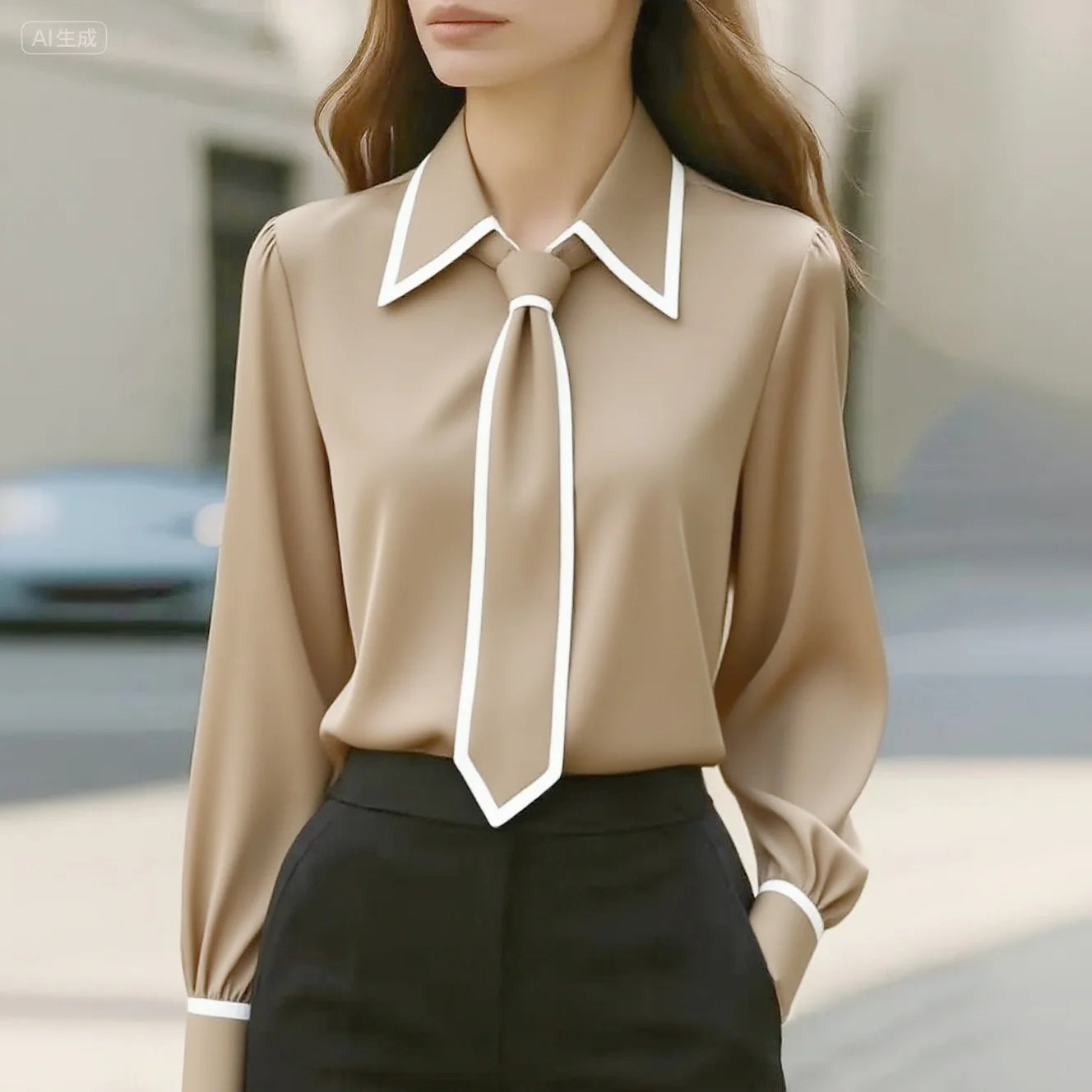 Vireous Women's Fashion Tie and Lapel Contrast-Colour Business Shirt