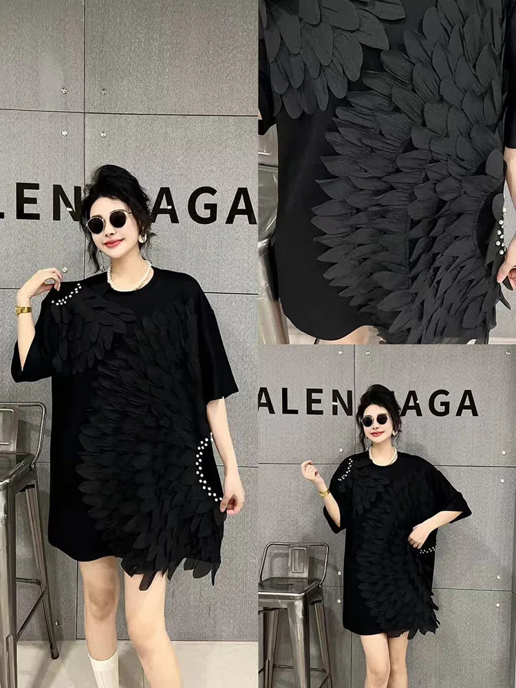 Loose Summer Glam Feather Short-Sleeve Women's Short Dress