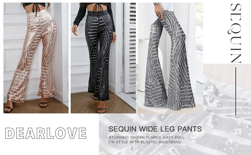 Vireous Women's Sparkling Sequin Slacks, Loose Mid-Waist Trousers