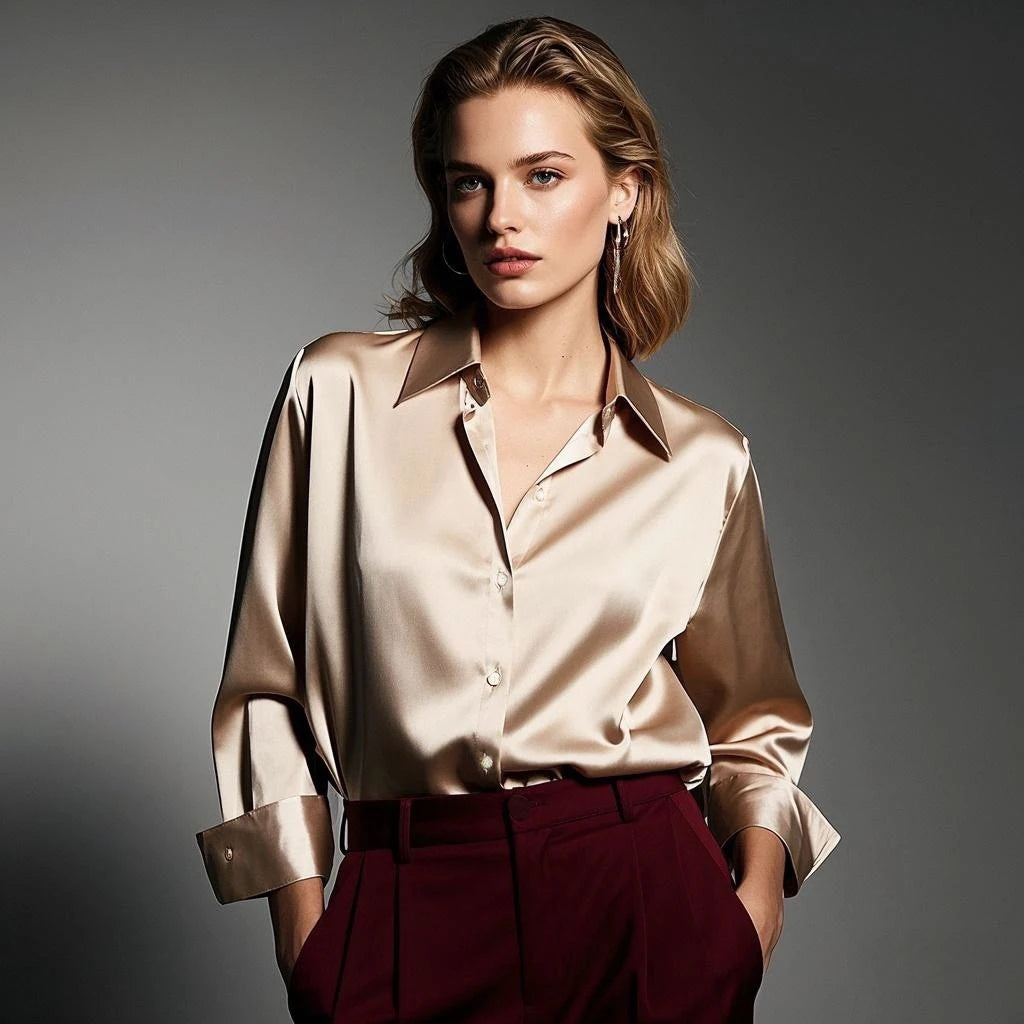 Vireous Luxury Soft Satin Women's Classic Shirt, Block Colours