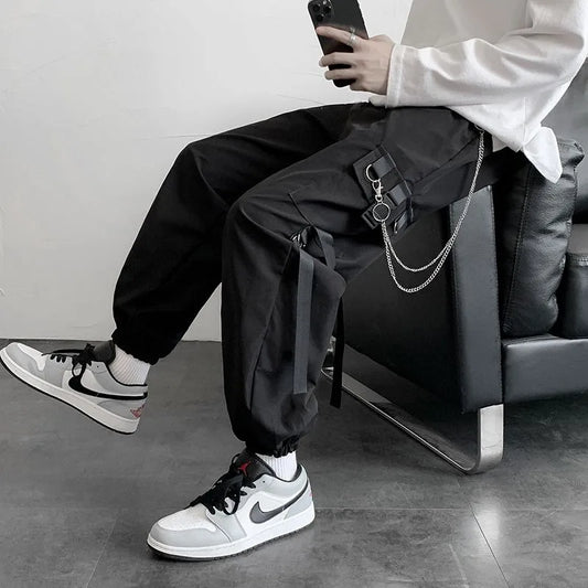 Goth Women's Cargo Pants, Joggers in Black, Techwear with Chain