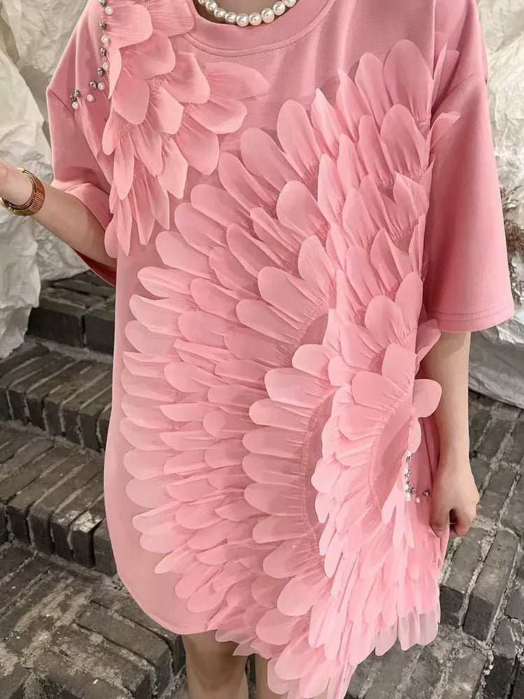 Loose Summer Glam Feather Short-Sleeve Women's Short Dress