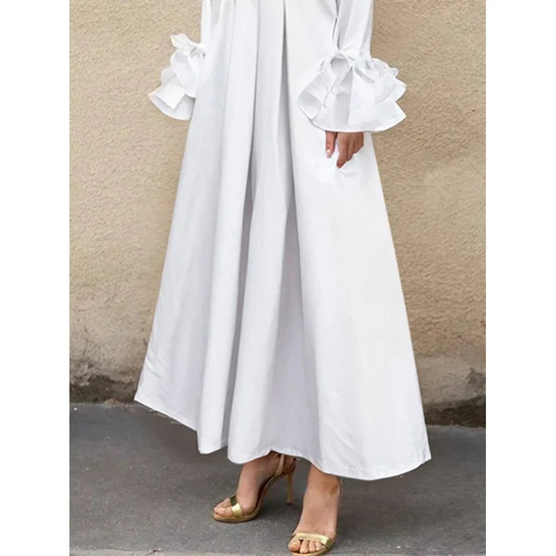 Vireous Flared-Sleeves Elegant Pleated Shirt Dress, Businesswear