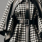 Faux Leather Collar Houndstooth Pattern Women's Jacket, Cape Sleeves
