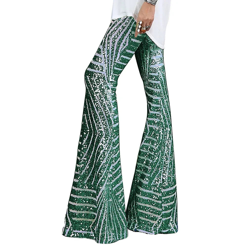 Vireous Women's Sparkling Sequin Slacks, Loose Mid-Waist Trousers
