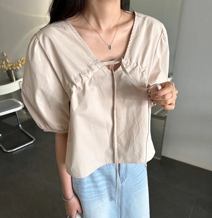 Puff Sleeve Women's Businesswear Casual Lace-Up Shirt