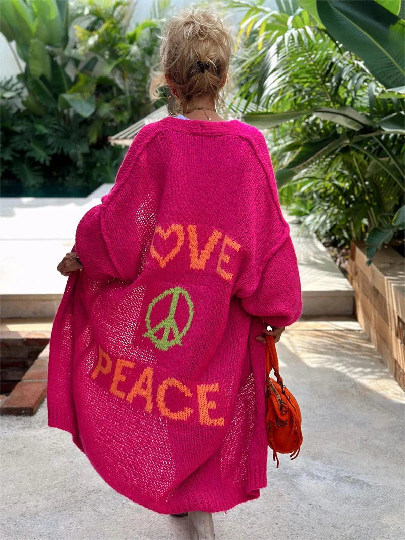 'Love and Peace' Design Women's Long Knitted Cardigan, Sweater Coat