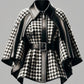 Faux Leather Collar Houndstooth Pattern Women's Jacket, Cape Sleeves