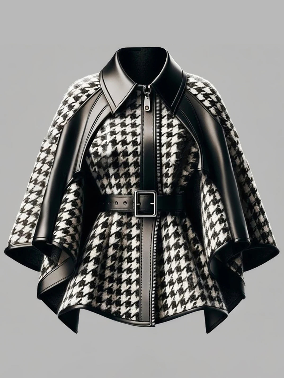 Faux Leather Collar Houndstooth Pattern Women's Jacket, Cape Sleeves