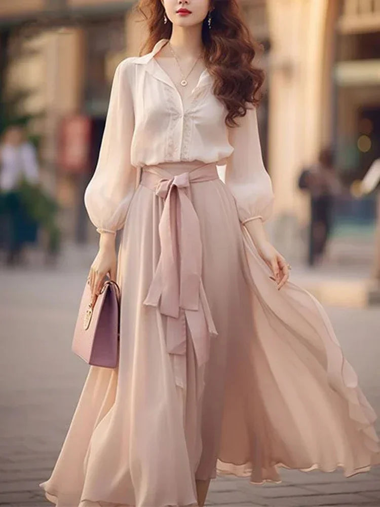 Elegant Retro French Women's Lace-Up Chiffon Two-Piece Outfit