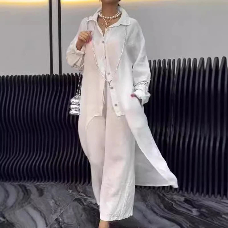 Cotton Linen Women's Summer Suit, Long Tail Shirt Outfit