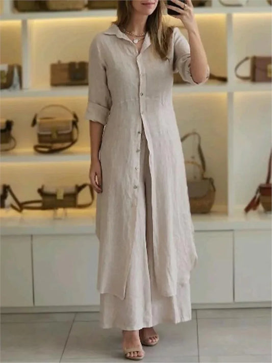 Elegant Lapel Single-Breasted Long Shirt and Wide-Leg Pants Suit