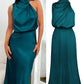 Vireous Summer Silk Satin Sleeveless Long Dress, Draped Bodice