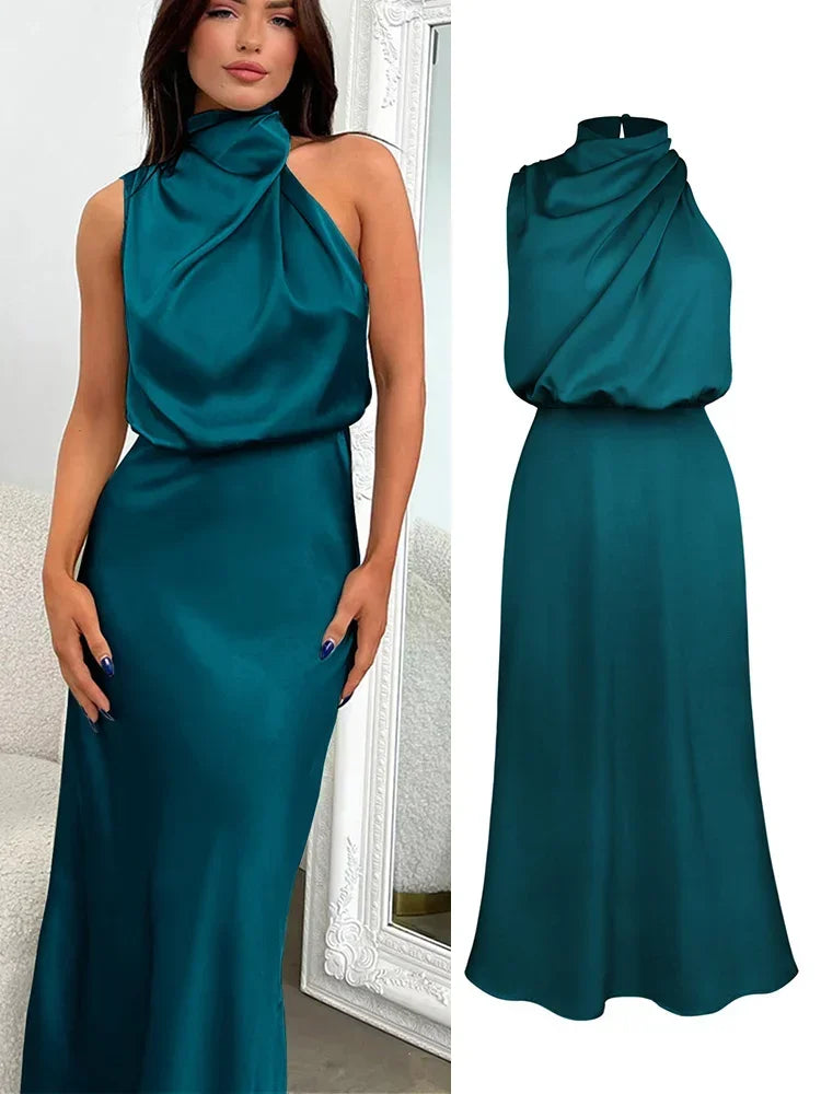 Vireous Summer Silk Satin Sleeveless Long Dress, Draped Bodice