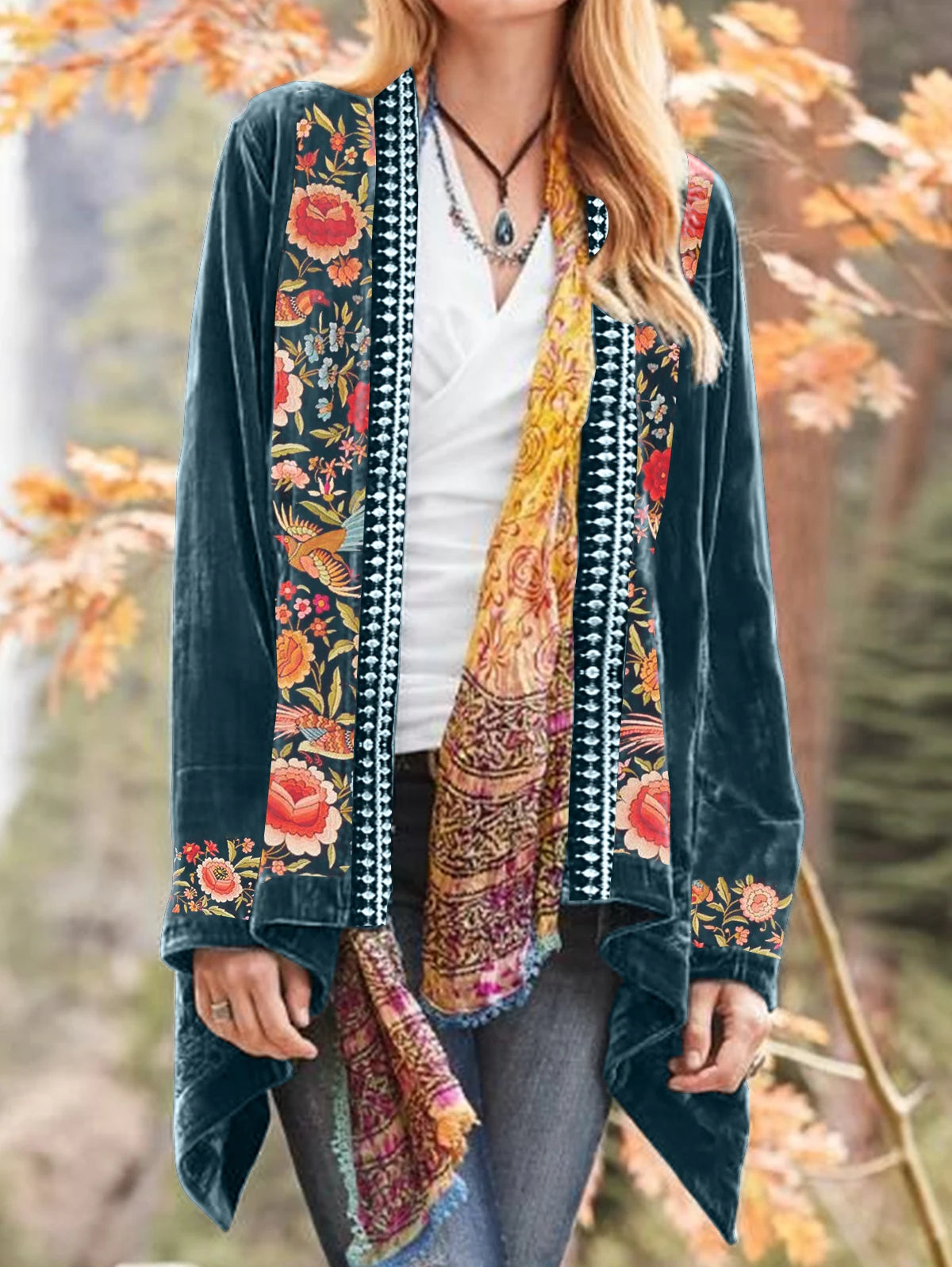Bohemian Women's Velvet Autumn Floral Decor Cardigan Jacket