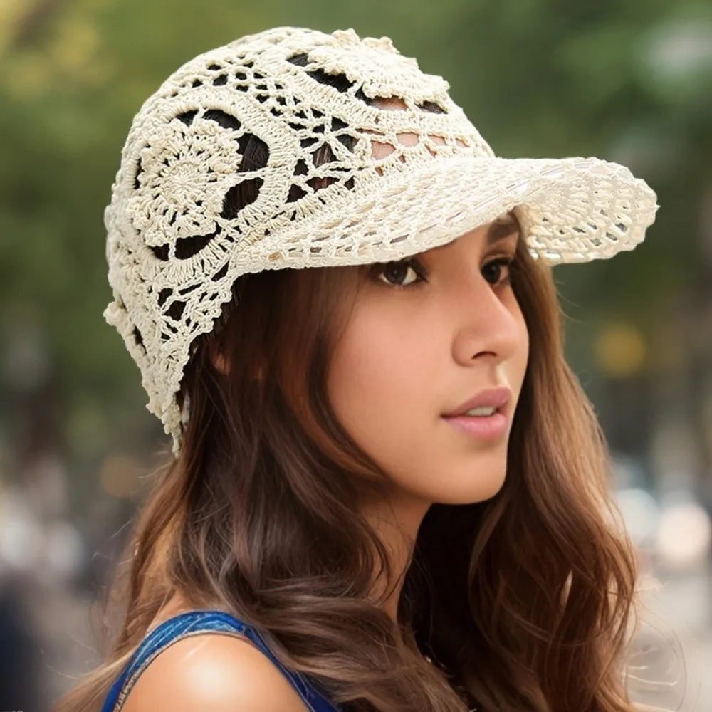 Women's Crochet Summer Peaked Cap, Floral Pattern, Casual Wear