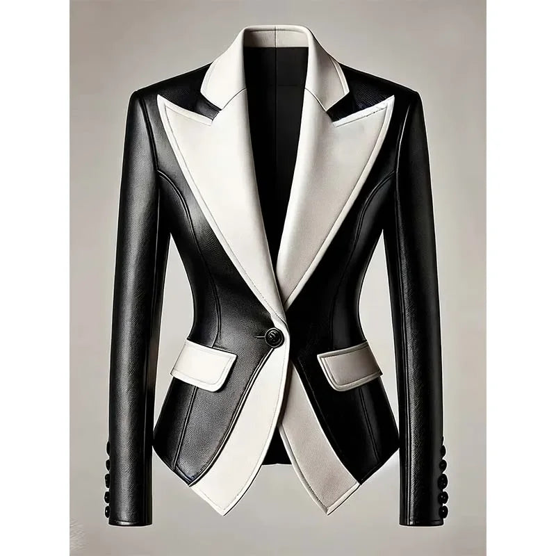 Women's Faux Leather Blazer White and Black Colourblock Notched Lapel Jacket, Plus Sizes