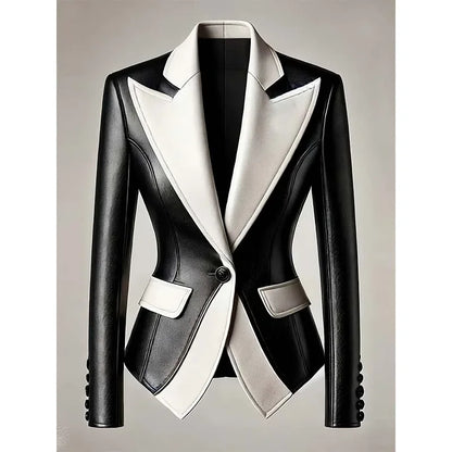 Women's Faux Leather Blazer White and Black Colourblock Notched Lapel Jacket, Plus Sizes
