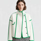 Vireous High-Neck Fashion Woollen Short Coat, Ivory with Green Trim