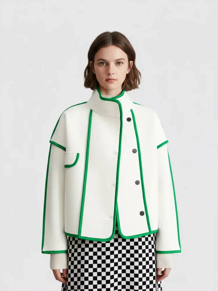 Vireous High-Neck Fashion Woollen Short Coat, Ivory with Green Trim