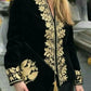 Women's Gold Braided Stand-Collar Black Velvet Blouse