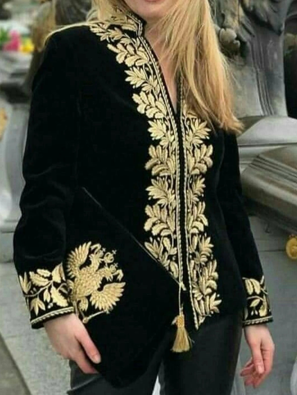 Women's Gold Braided Stand-Collar Black Velvet Blouse