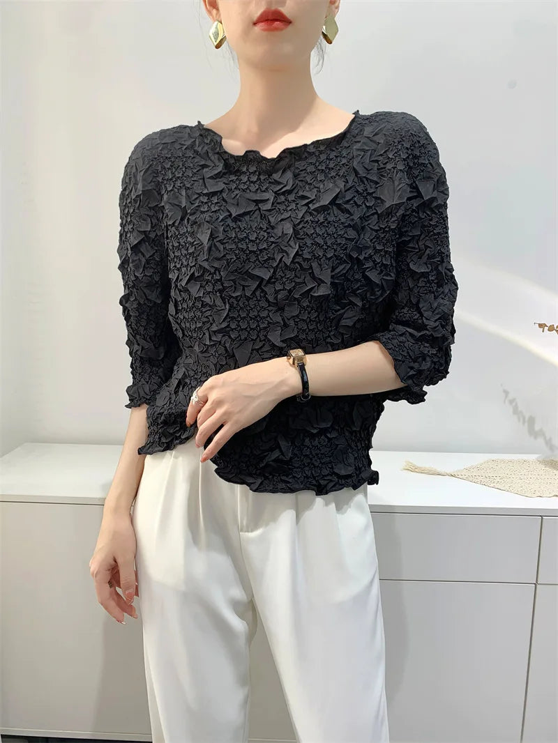 Miyake Embroidered Hand-Pleated Women's Round-Neck Top