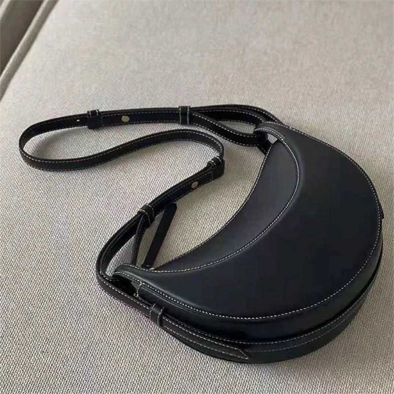 French-Design Textured Leather Crossbody Crescent Bag